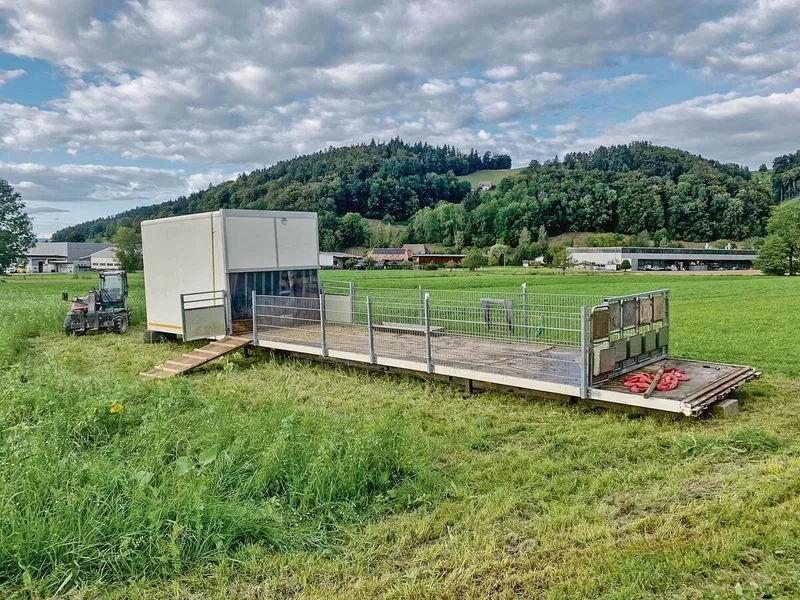 Feste Fressunterlage, trockene Unterkunft und Transportplattform zugleich. Mit der von Andreas Hirschi selbst gebauten Plattform ziehen die Schweine von Feld zu Feld.