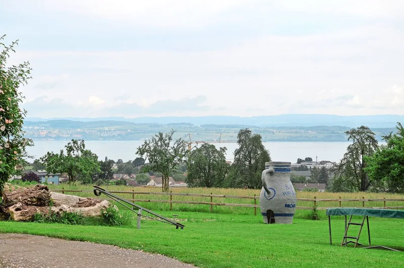 Der Feierlenhof im «Apfeldorf» Altnau bietet einen Weitblick über die Weiden, die Obstbaumplantagen und den Bodensee.