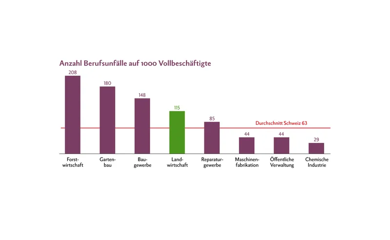 Gemäss UVG-Statistik 2023 der Suva kommen auf 1000 vollbeschäftigte Angestellte in der Landwirtschaft 115 Berufsunfälle. Nicht erfasst sind die Anzahl Berufsunfälle von Betrieben ohne familienfremde Arbeitskräfte (reine Familienbetriebe). Das BUL vermutet eine grosse Grauzone. In der Schweiz liegt der Durchschnitt bei 63 Berufsunfällen pro 1000 Vollbeschäftigte. Die Landwirtschaft ist somit auf Platz vier der gefährlichsten Berufe. Forstwirtschaft, Gartenbau und Baugewerbe besetzen die ersten drei Plätze. www.unfallstatistik.ch