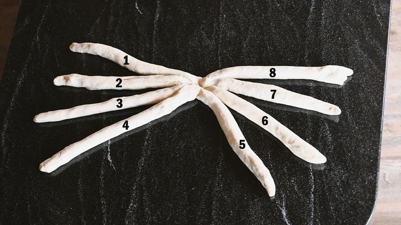 Teig zu 8 gleich langen Strängen formen. 4 Stränge links und 4 Stränge rechts hinlegen, dabei die Enden gut zusammendrücken.