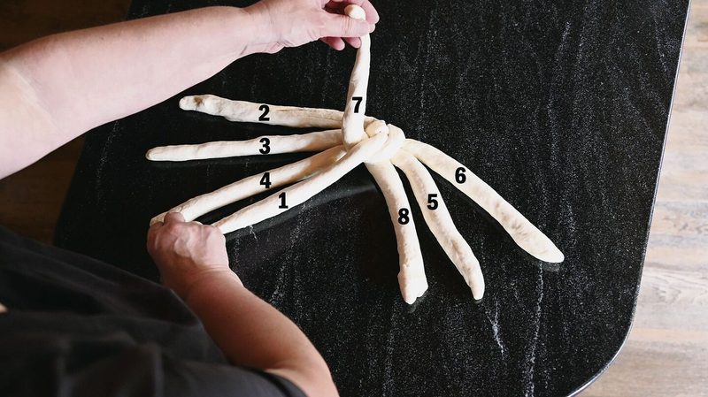 Mit der linken Hand Strang 7 holen, kreuzen. Rechte Hand legt Strang 1 neben Strang 4, die linke behält Strang 7 in der Hand.