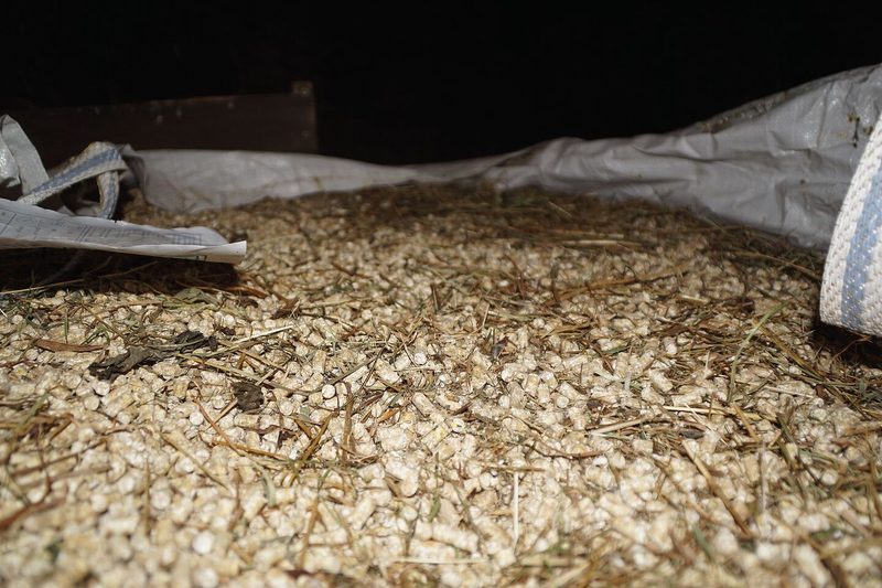 Futterpellets liegen auf dem Heuboden.