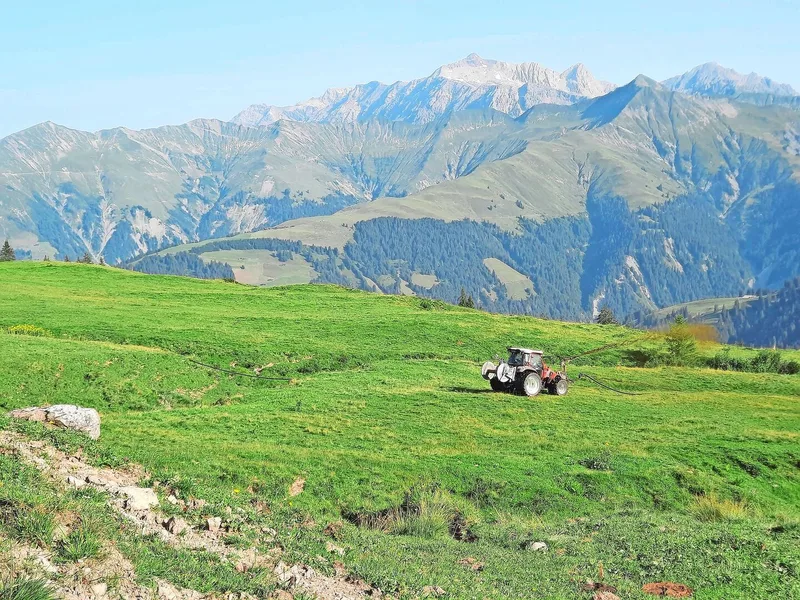 Traktor und Schlauch im Einsatz: Die Weiden der Alp Valpun werden via Verschlauchung gegüllt.