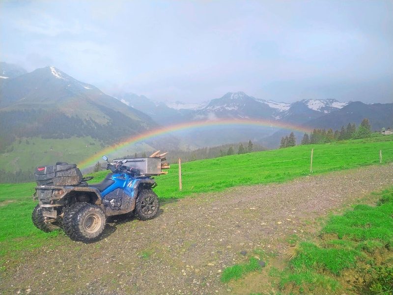 Nach der verregneten Alpauffahrt zeigt sich endlich die Sonne und zaubert einen Regenbogen über die Alp Valpun.