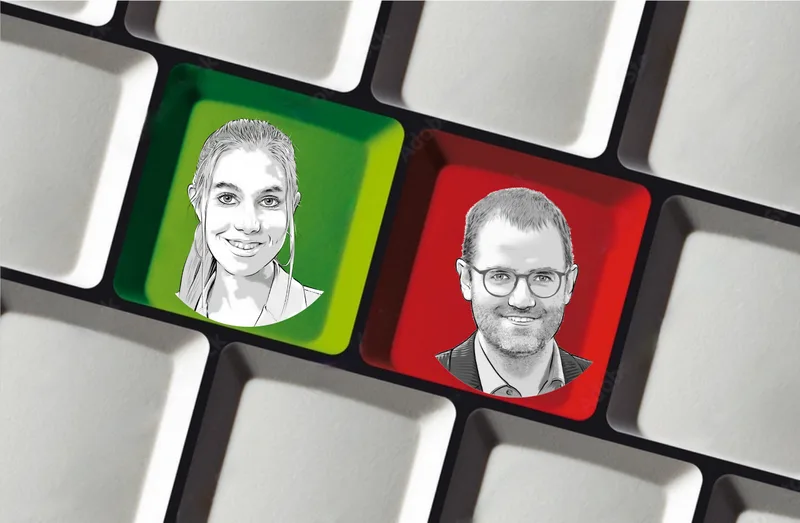 Porträtzeichnungen von Meret Schneider und Michel Darbellay auf einer Computer-Tastatur.