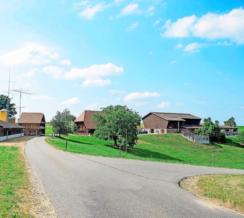 Der Hof Vogelsang, links hinter dem Schweinestall ist der Spycher, in dem als Selbstbedienungsladen die Töpfereien ausstellt und angeboten werden.