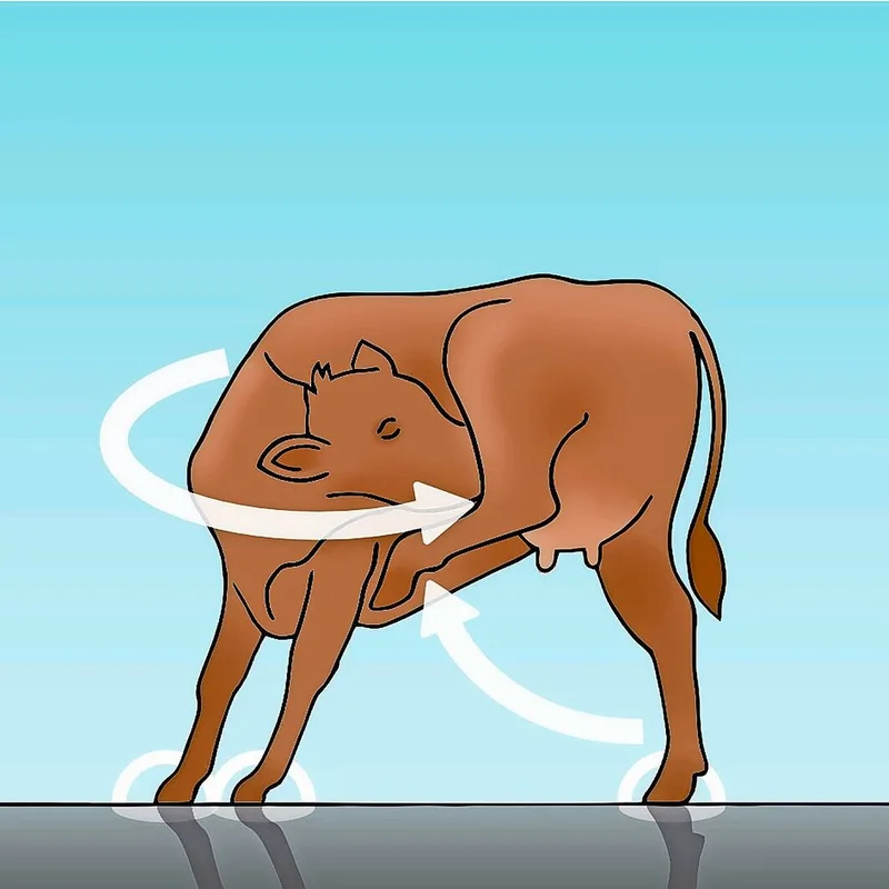 Die Tiere stehen auf drei Beinen und lecken sich unter dem Euterschenkel.