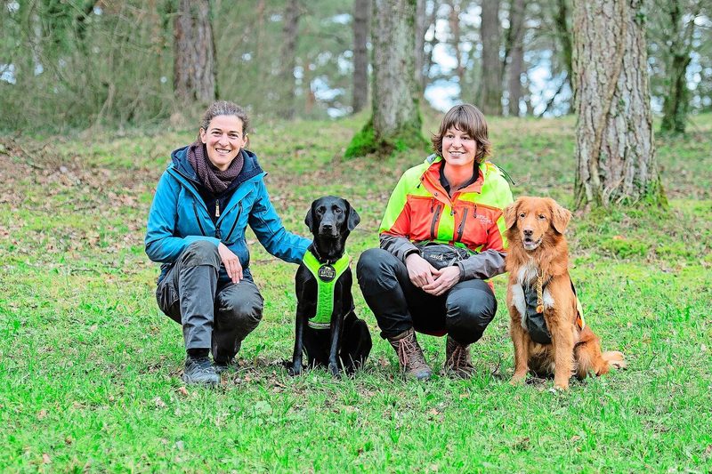 Marie-Sarah Beuchat mit Abby und Denise Karp mit Kjell vom Team der Artenspürhunde Schweiz (v. l.). Jelena Mausbach, Mitgründerin des Vereins, fehlt auf dem Foto.