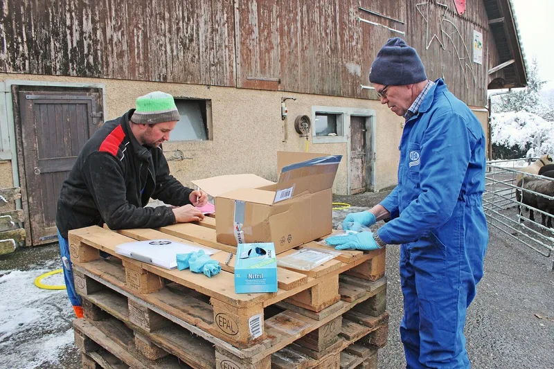 Landwirt Roger Stöckli (links) und Probennehmer Hans-Ueli Baumgartner beschriften die Proben, die nun ins Labor zur Untersuchung gesendet werden.