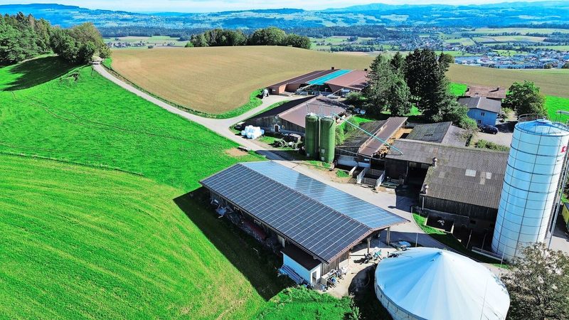 Der Quellhof aus der Vogelperspektive. Beim weissen Silo befinden sich die Futterküche und der älteste Stall. Der 600er-Maststall ist hinten links.