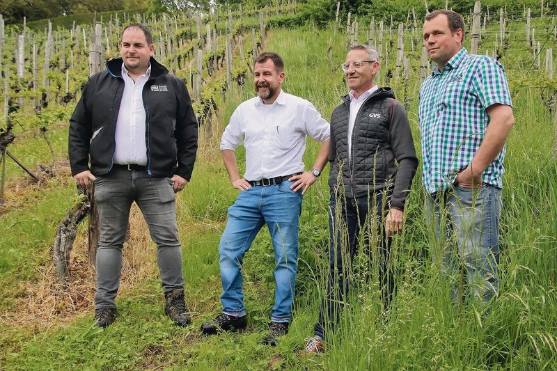 Das Team mit Nicolas Helmstetter, Philippe Brühlmann, Ugo Tosoni und Adrian Müller (v. l.) zeigte auf, wie sie den Weinberg künftig mit Piwi-Sorten bewirtschaften wollen.