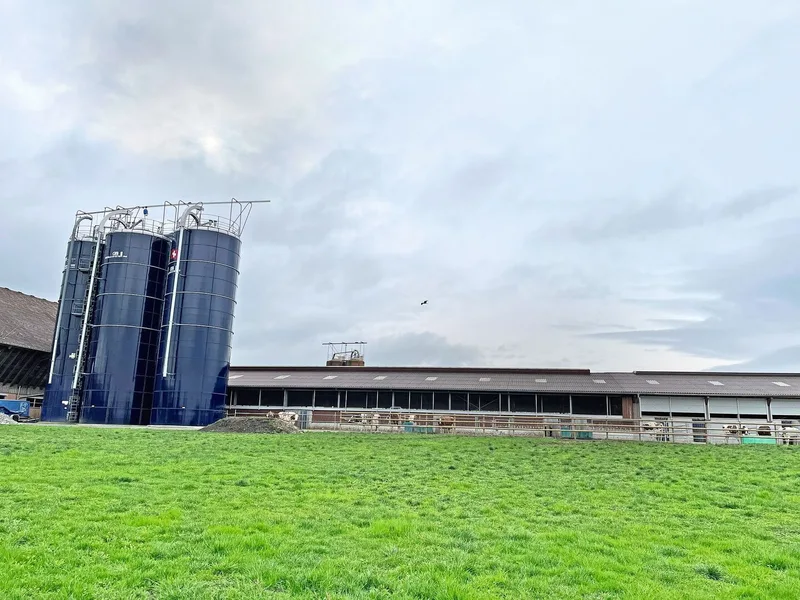 Ein Milchviehstall von aussen, mit zwei blauen Harvestore-Silos davor.