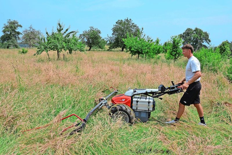 Mit 3,1 m Arbeitsbreite mäht Thomas Küpfer mit dem Abei CC 140e grössere Flächen. Unter dem Holm sind die Akkupacks mit Zugriemen befestigt.
