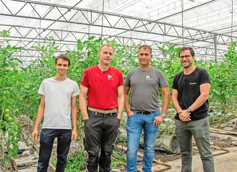 Dominik Blaser, Mitgründer und Produktingenieur bei Voltiris, Toni Suter, Geschäftsführer Meier Gemüse, Ruedi Meier, Geschäftsinhaber Meier Gemüse, Nicolas Weber, Mitgründer und CEO von Voltiris (v. l.).