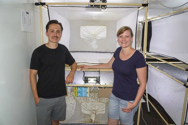 NutriFly-Geschäftsführer Franco Bargetze und Maike Heuel, Leiterin Forschung und Entwicklung stehen vor einem Brutkasten.