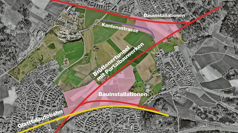 Der Landschaftsraum Eich mit den geplanten Infrastrukturbauten mit Bauinstallationsflächen (links Dietlikon, rechts Wangen-Brüttisellen).