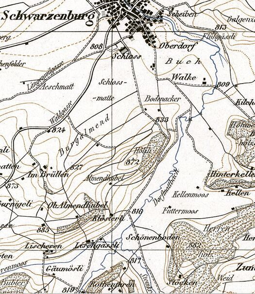 Schwarzenburg im Jahr 1874. Der Dorfbach, der durch die Dorfmatte fliesst, mäandriert.