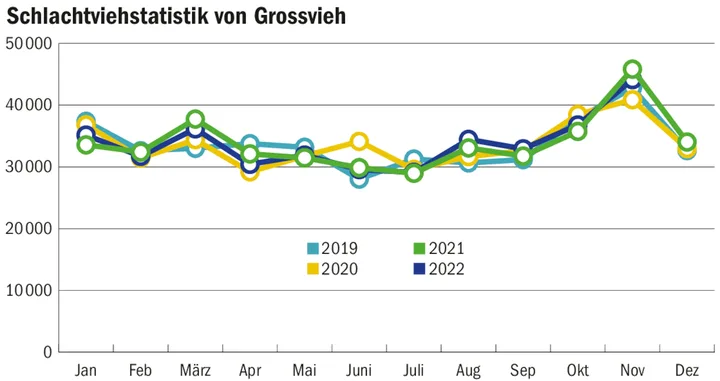 Die Schlachtungen von Grossvieh bewegen sich in den letzten vier Jahren auf ähnlichem Niveau. Schliessen Schlachthöfe, müssen andernorts Kapazitäten geschaffen werden.