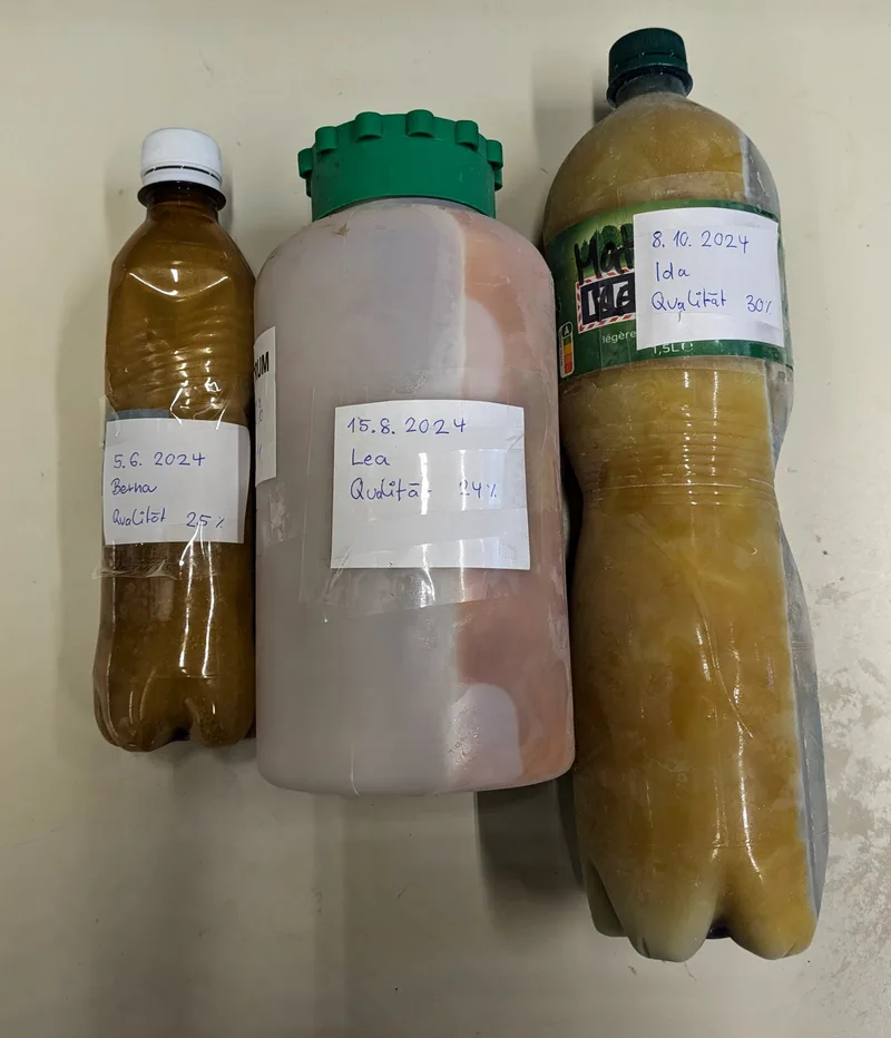 Eingefrorenes und mit Datum, Name und Qualität beschriftetes Kolostrum.