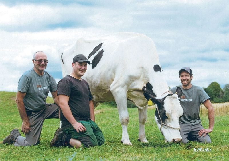 Sie erfüllt das Zuchtziel: Walkers Leader Michaela VG 88 erzielte eine Lebensleistung von 169 194 kg Milch. Stolz zeigen sich Erich und Christian Walker mit dem damaligen Lehrling Luan Gilgen.