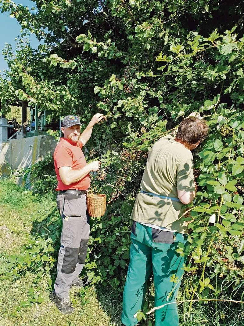 Bauer André Stalder (l.) mit A. L., einem Mann mit geistiger Beeinträchtigung, der von Montag bis Freitag auf dem Hof lebt und mithilft. Rund 20 Prozent seiner Arbeitszeit wendet André Stalder für Betreuungsaufgaben auf.