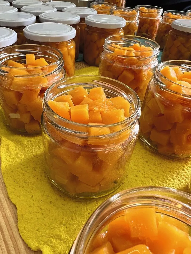 Nach der Ernte folgt die Verarbeitung: Produktion von «Kürbis süss-sauer» fürs Kürbisfest und den Hofladen.