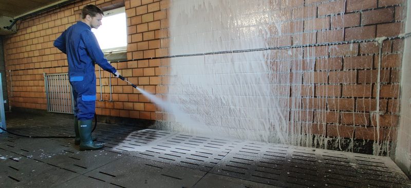Saubere Ställe mit Reinigungsmittel auf Molkebasis