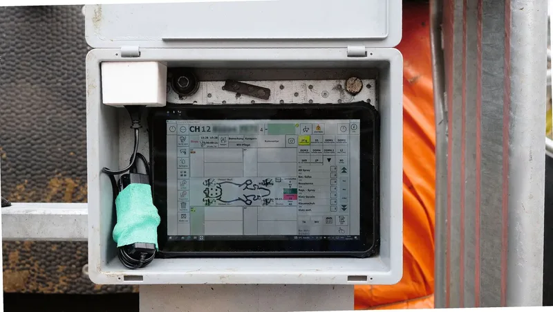Ein Tablet steht in einer grauen Kiste, die am Klauenstand montiert ist. Auf dem Display sieht man die Daten der aktuell zu behandelnden Kuh.