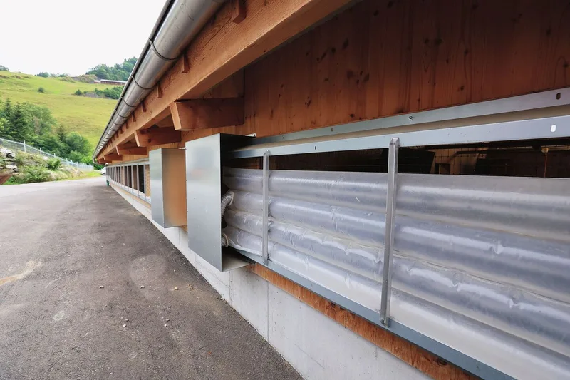 Die Fassade des Schweinestalls hat eine Lücke, die durch aufblasbare Plastik-Schläuche verschlossen sind.