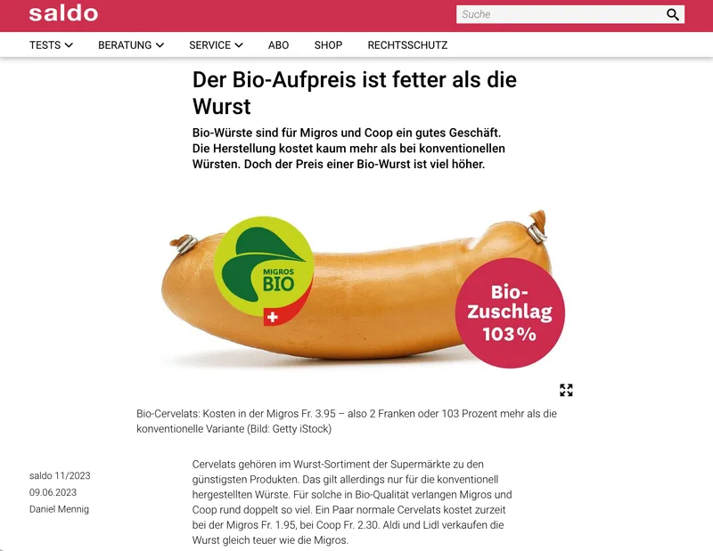 Titelgeschichte «Der Bio-Aufpreis ist fetter als die Wurst» der Konsumentenzeitschrift «Saldo»