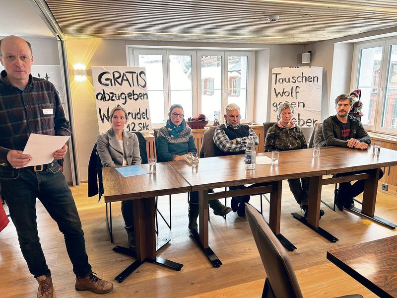 Michelle Elmer, Doris Theiner, Andri Kober (Präsident Bäuerliches Sorgentelefon) und Silvia Elmer Gantenbein (v. l. n. r.) berichteten über Stress und Trauer durch den Wolf.