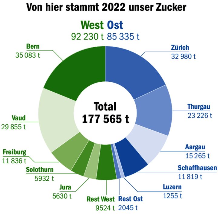 Rund 350 000 t Zucker verbraucht die Schweiz jährlich. Ein Grossteil wird hier produziert, der Rest importiert.