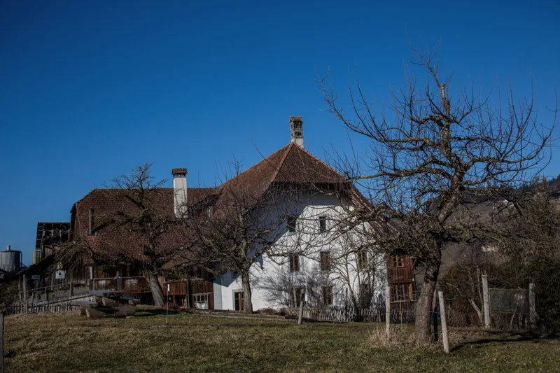 Das denkmalgeschützte Haus der Muriboden-Hofs ist weiss getüncht, mit tiefem Dach und Fenstern, die für die Region ungewohnt keine Fensterläden haben. Bild: Pia Neuenschwander
