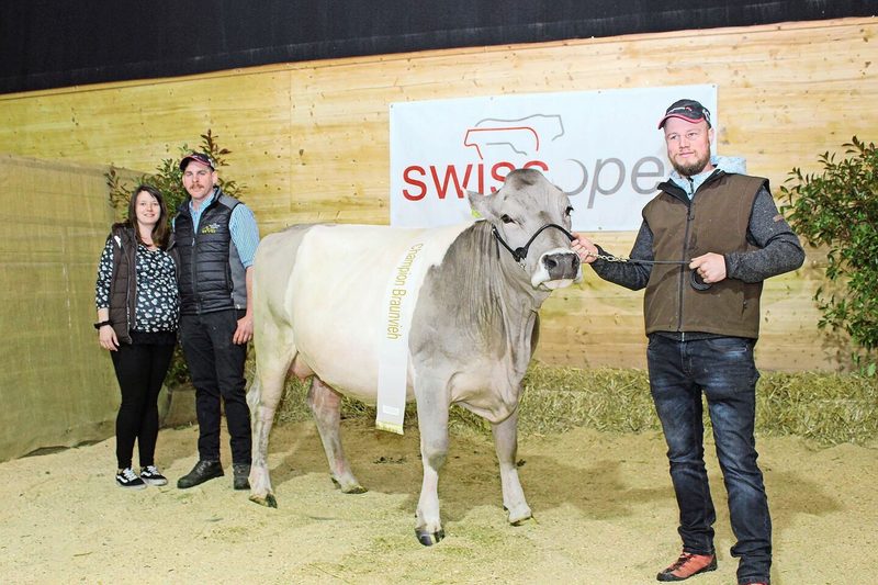 Armin, Yvonne und Ady Hotz (rechts) aus Morgarten SZ zeigten die Champion Braunvieh, Jordi Grischun.
