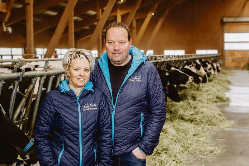Margrit und Alex Gobeli in ihrem Stall in Gstaad. Hinter ihnen fressen die rund 40 Milchkühe der Rassen Red Holstein und Holstein.