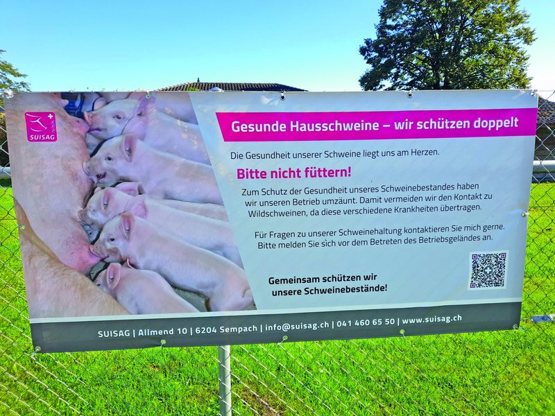 Ein Warnschild hängt am Zaun rund um den Schweinestall, der darauf hinweist, man solle die Schweine nicht füttern.