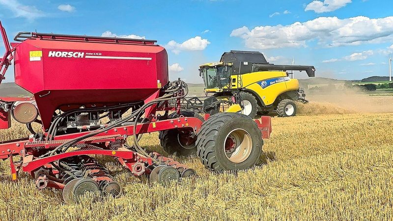 Direktsaatmaschine und Drescher sind gleichzeitig auf dem Feld – dieses Bild gilt in der konservierenden Landwirtschaft als sehr erstrebenswert.