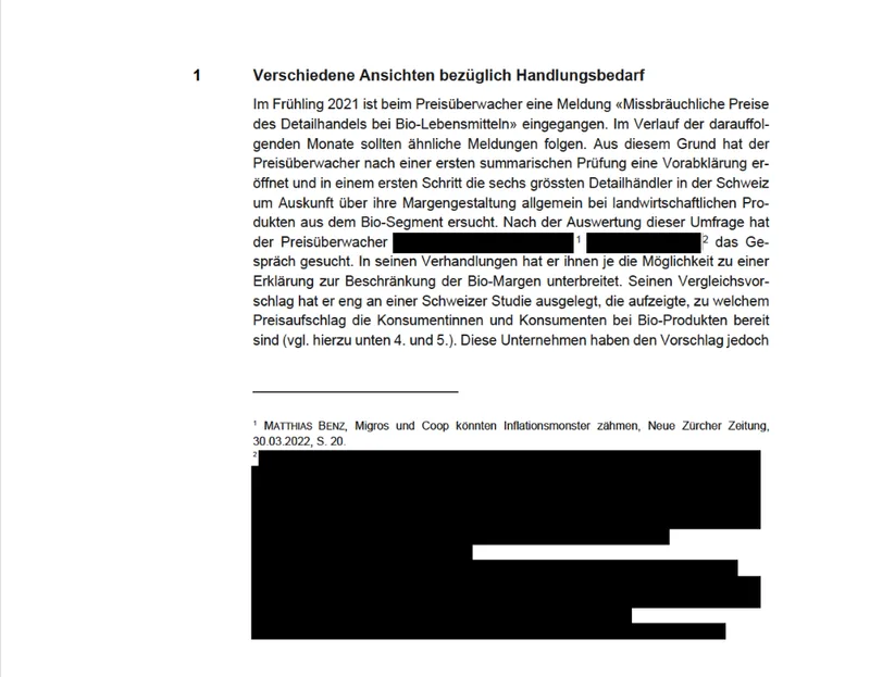 Geschwärzte Stellen in der Analyse des Preisüberwachers.