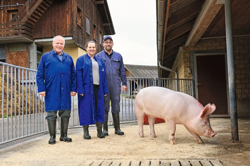 Mit der Schweinezucht hat Fritz Güdel (links) angefangen. Heute läuft der Betrieb über Beat und Sarah Güdel. Mit den Schweinen arbeiten sie gemeinsam.